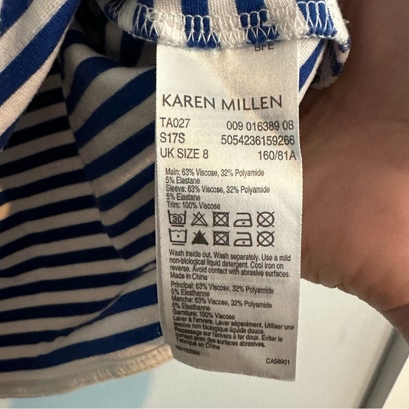 Karen Millen Cold Shoulder 3/4 Sleeve Striped Mock Neck Top, Size 4, Blue White - Picture 5 of 8
